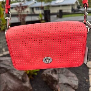 Coach Perforated Leather Flap Crossbody Bag Coral/Red